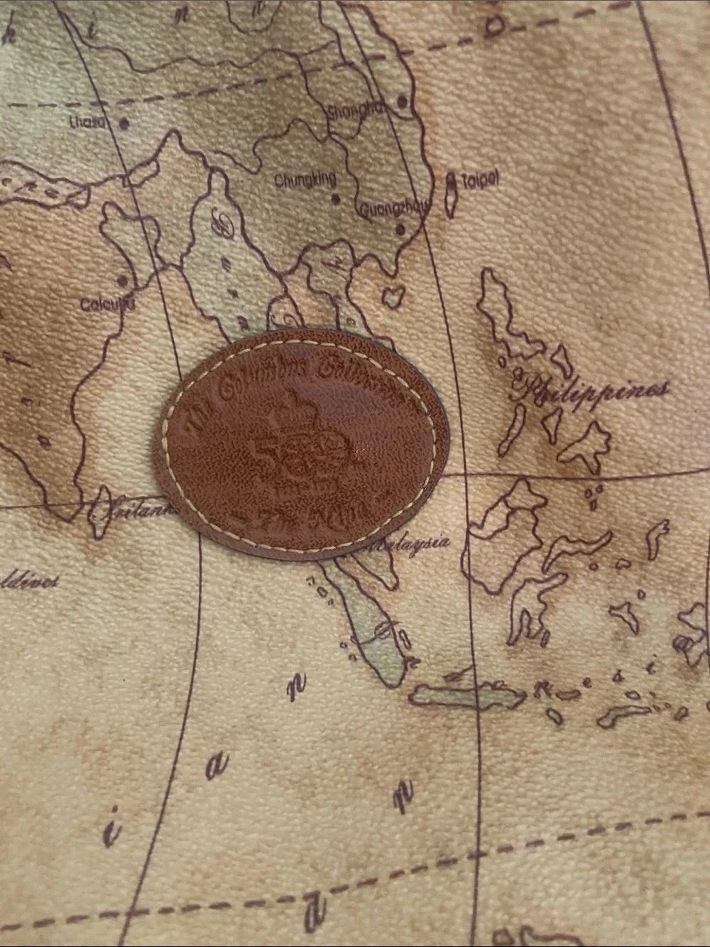 Columbus Collection Map-Print Tote Bag with Brown Leather Trim